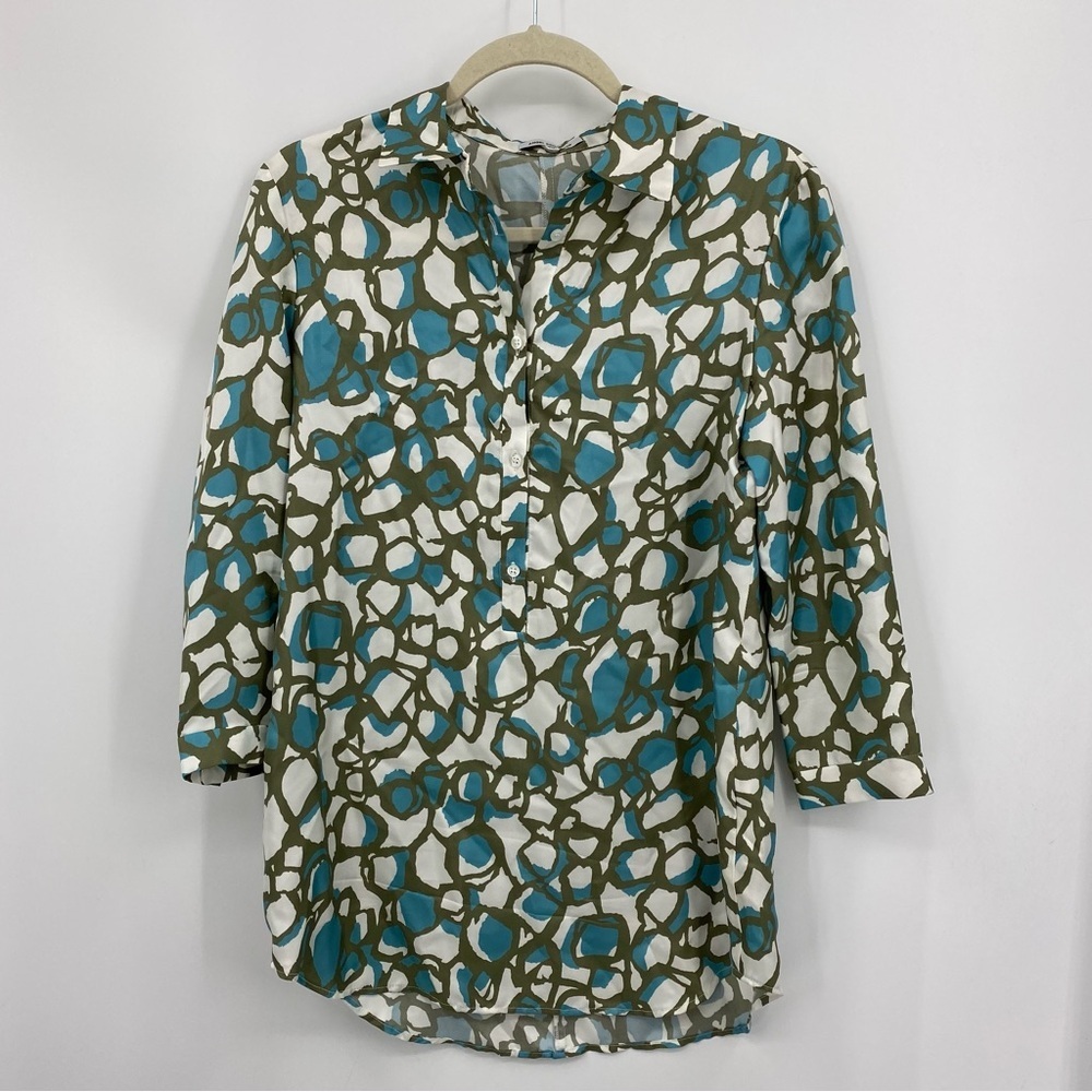 Angel Schlesser Womens Satin Button popover Top Blouse blue White Green EU 40